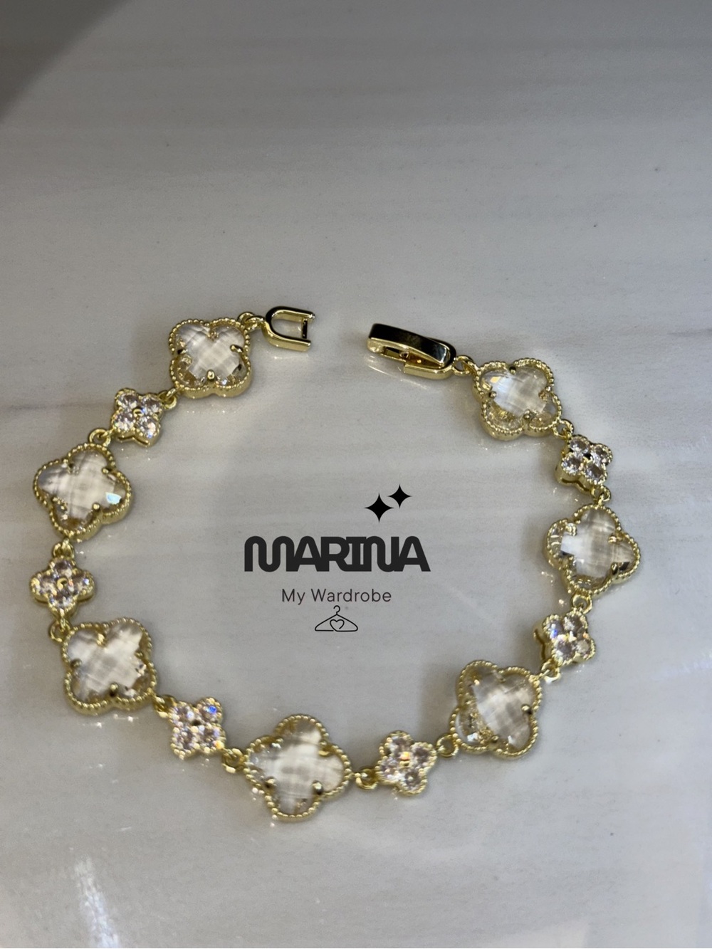 MARINA Gold Plated Mother-of-Pearl Clover Bracelet - White